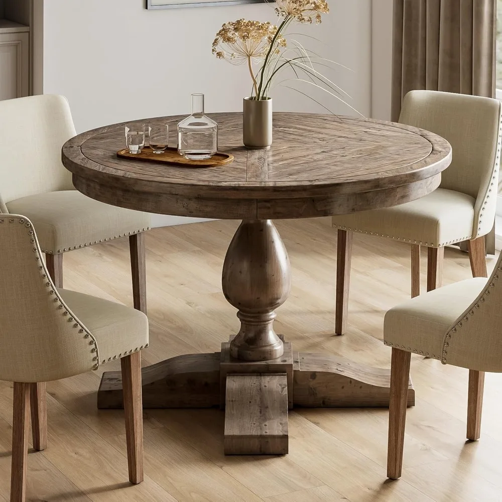 

Farmhouse Round Dining Room Table with Pedestal Base, 47 inches Antique Pine Wood Kitchen Table for 4 People, Rustic Wooden Dinn