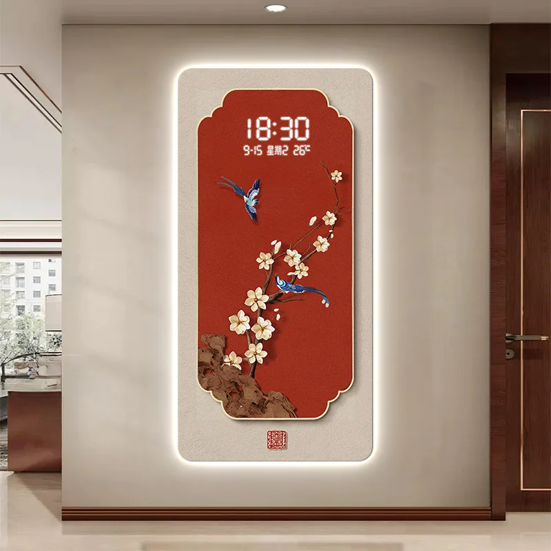 New Chinese-style floral and bird entryway decoration painting, high-grade electronic screen clock hanging picture, corridor wal