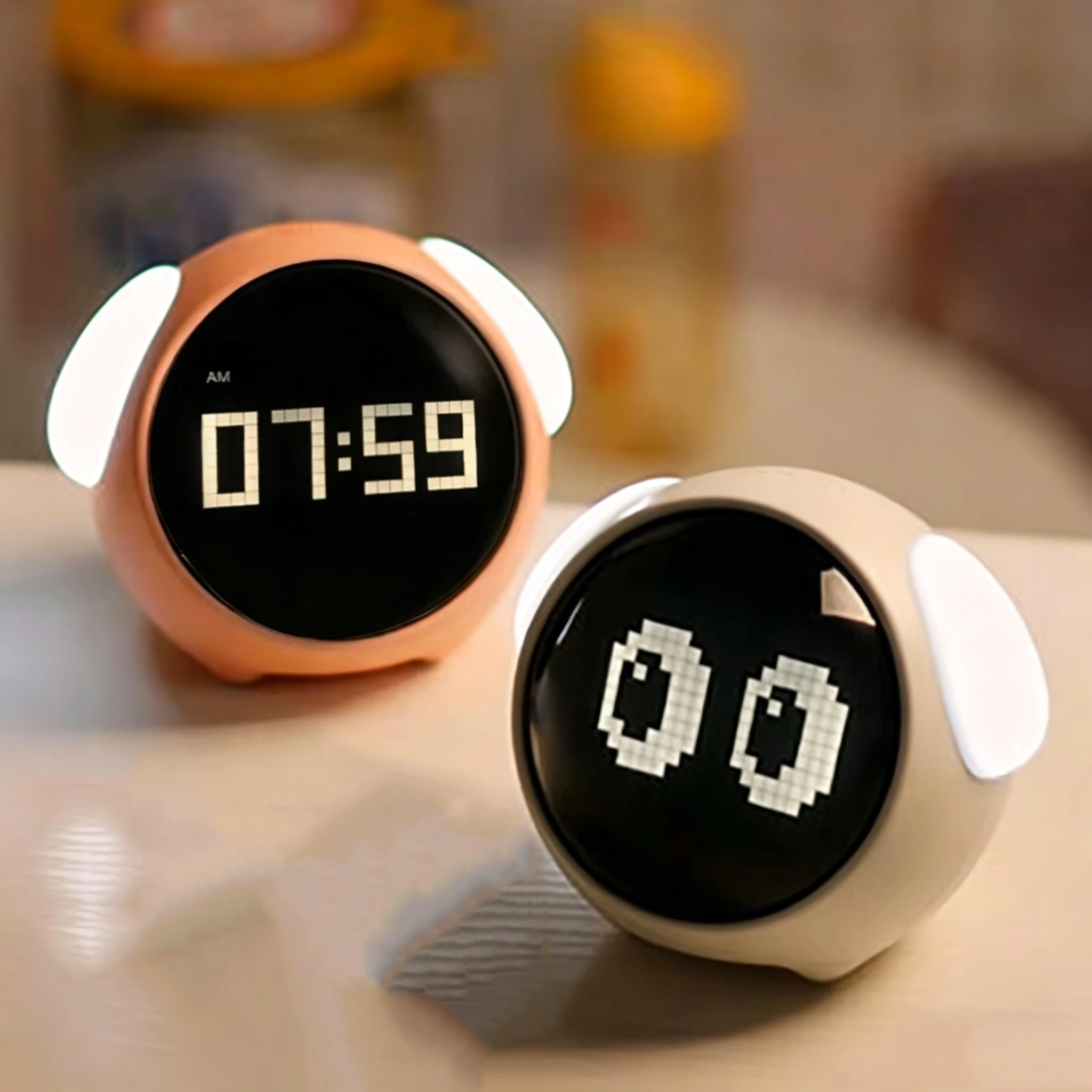 Cute Kids Alarm Clock Dynamic Expression Sound Activated Night Light Dual Alarms Snooze Rechargeable Bedroom Clock For Kids