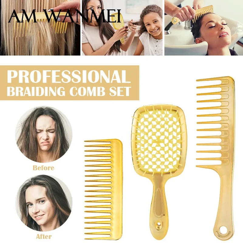 1/3pcs Profession Detangling Hair Brush Set Professional Barber Comb Scalp Massage Hair Care Golden Salon Air Cushion Hairbrush
