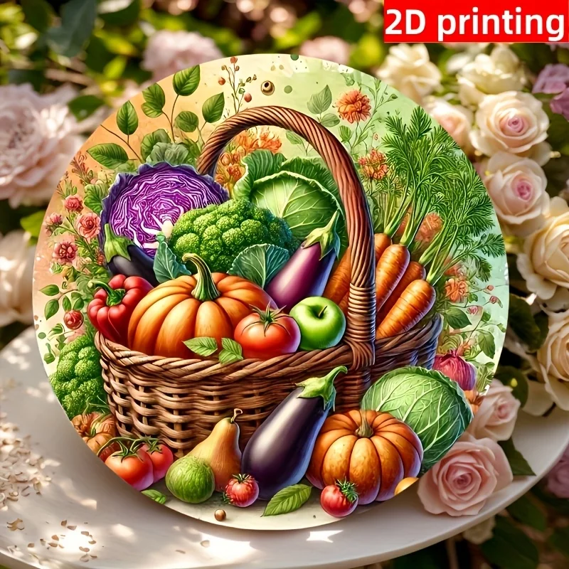 2D flach, 1 Stück, bezaubernder Vintage-Stil, bunter Gemüse- und Obstkorb, Holzschild, runde Plakette, Heimdekoration, hängende Wandkunst –