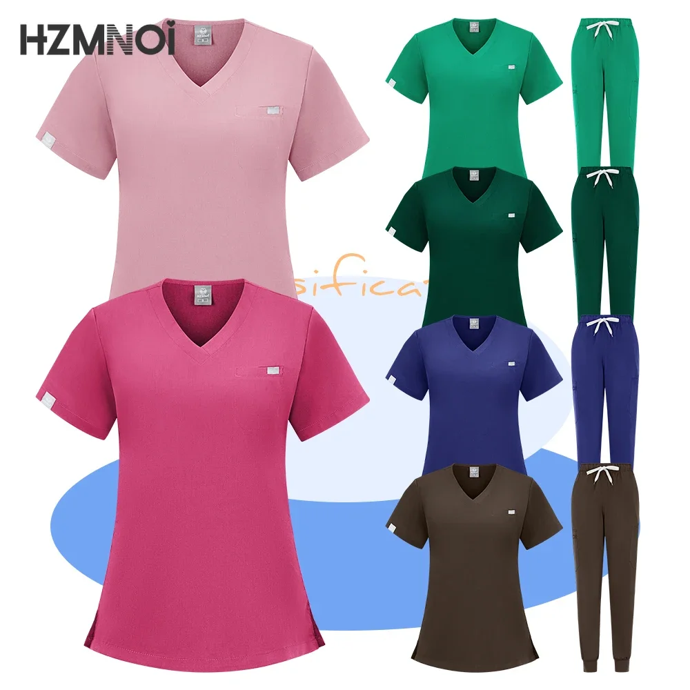 High Quality Fabric Nursing Scrubs Uniform Suit Short Sleeve V-neck Tops+Pants Sets Women Multicolor Pet Medical Workwear Nurse