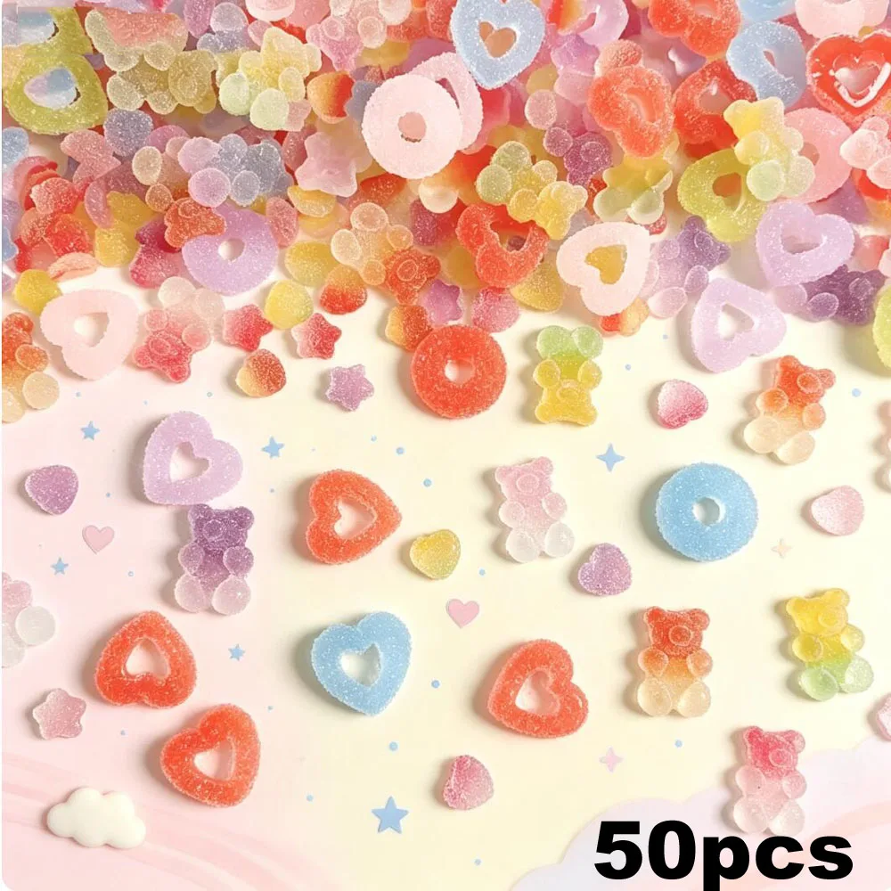 50 Stück 3D Bärenherz Simulierte Gummibärchen Nagelcharms Farbverlauf Candy Donut Nagelkunst Dekoration Hohl Mattiert Liebe Nagelzubehör