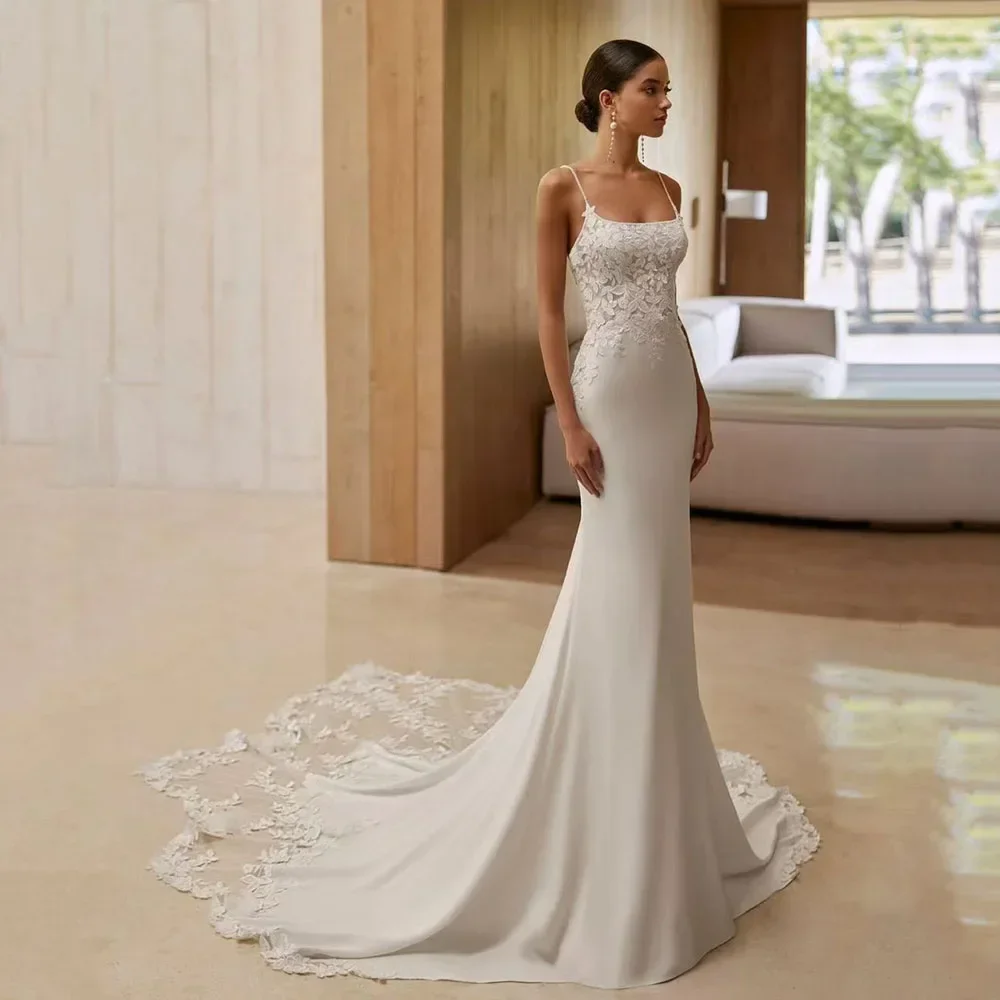 

Flavinke Customized Sexy Wedding Dresses Mermaid Lace Satin Bridal Gown Women Sleeveless Court Train Bride Dress Robe De Mariee