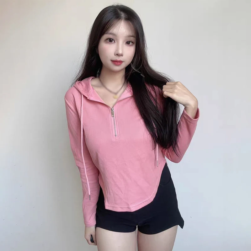 Hoodies Women Casual Simple Zipper Long Sleeve Slim Streetwear Pullovers Spring Autumn Thin Clothes Solid Color