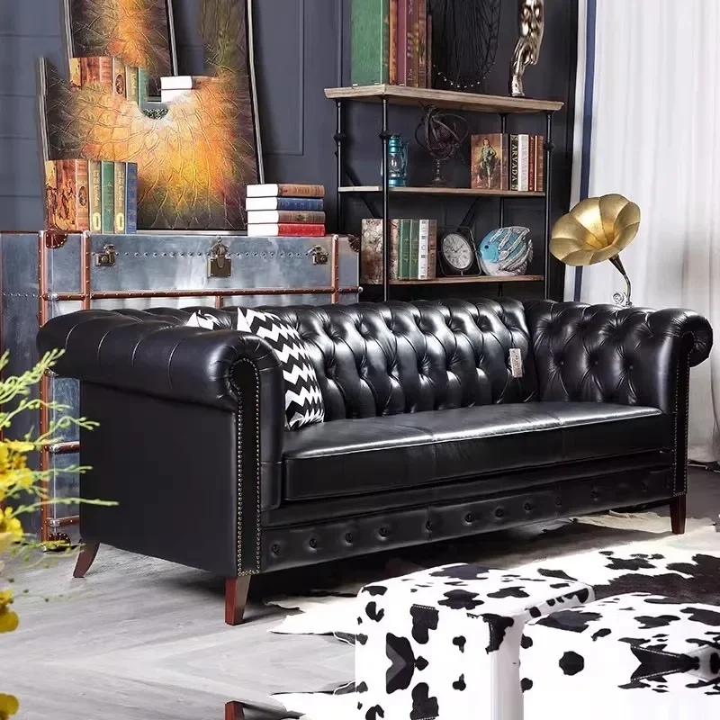 American leather sofa retro pull button straight row oil wax first layer cowhide three-person combination villa Italian style