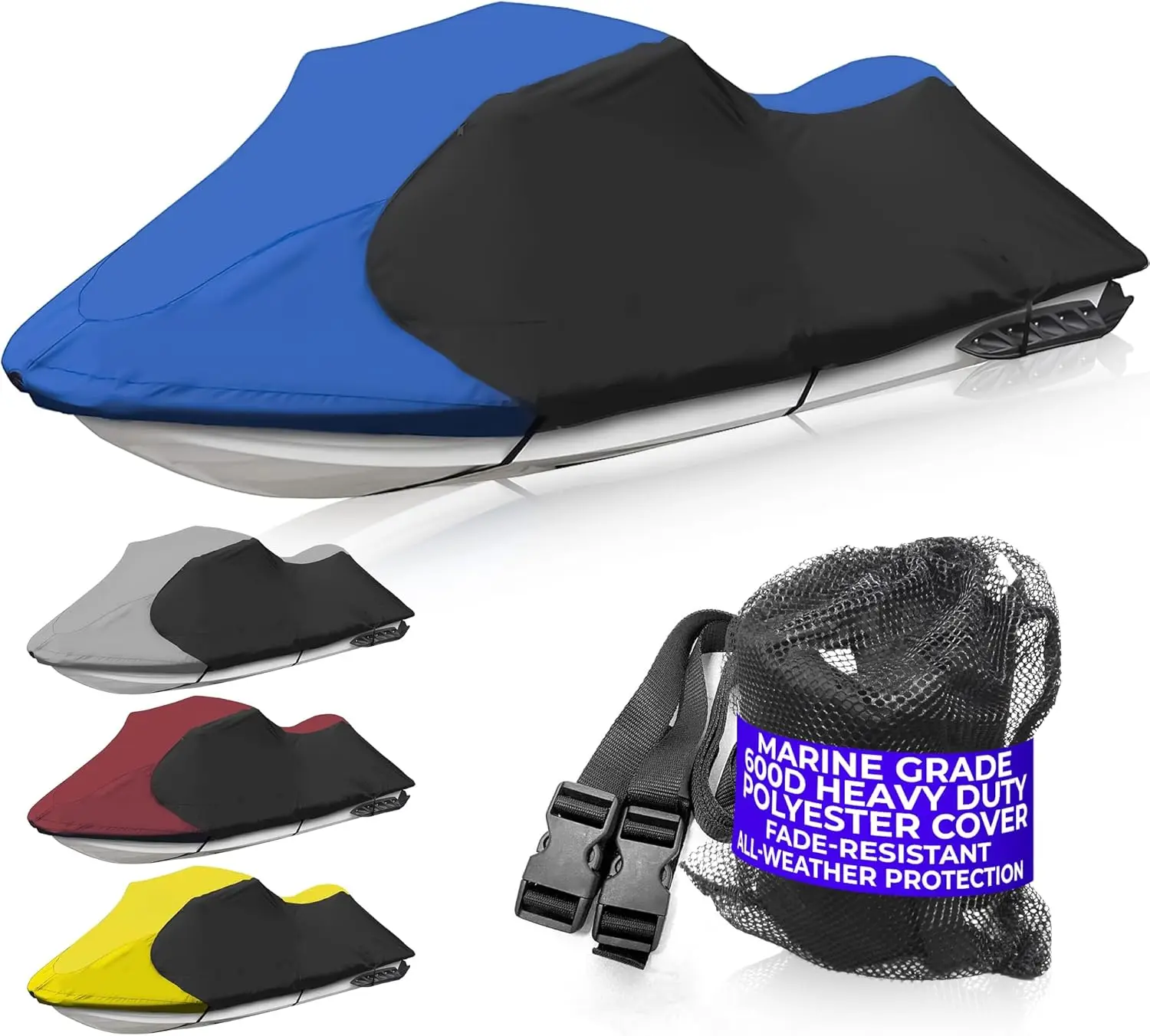 

Trailerable Jet Ski Cover, Waterproof Marine Grade 600D Heavy Duty Polyester PWC Cover Blue/Black Color Fits from 136"-145" 3