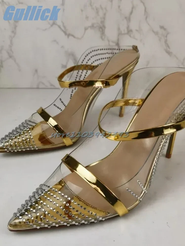 

Glittering Golden Rhinestones Sandals Pointed Toe Stiletto Solid Purple Mules Summer Women Graceful Front Strappy Modern Shoes