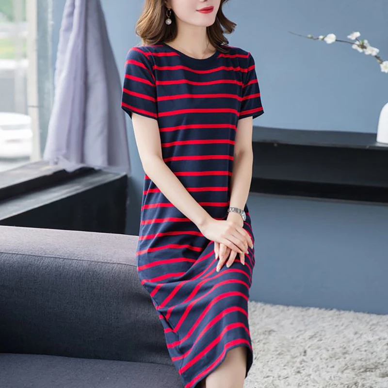 

Fashion O-Neck Printed All-match Striped Casual Dress Women's Clothing Summer New Loose Short Sleeve Commuter Midi Dresses