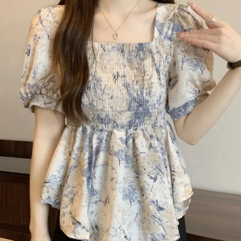 Summer New Sweet Short Pleated Shirt Tops Square Collar Floral Print All-match Fashion Short Blouse Elegant Korean Women Clothes