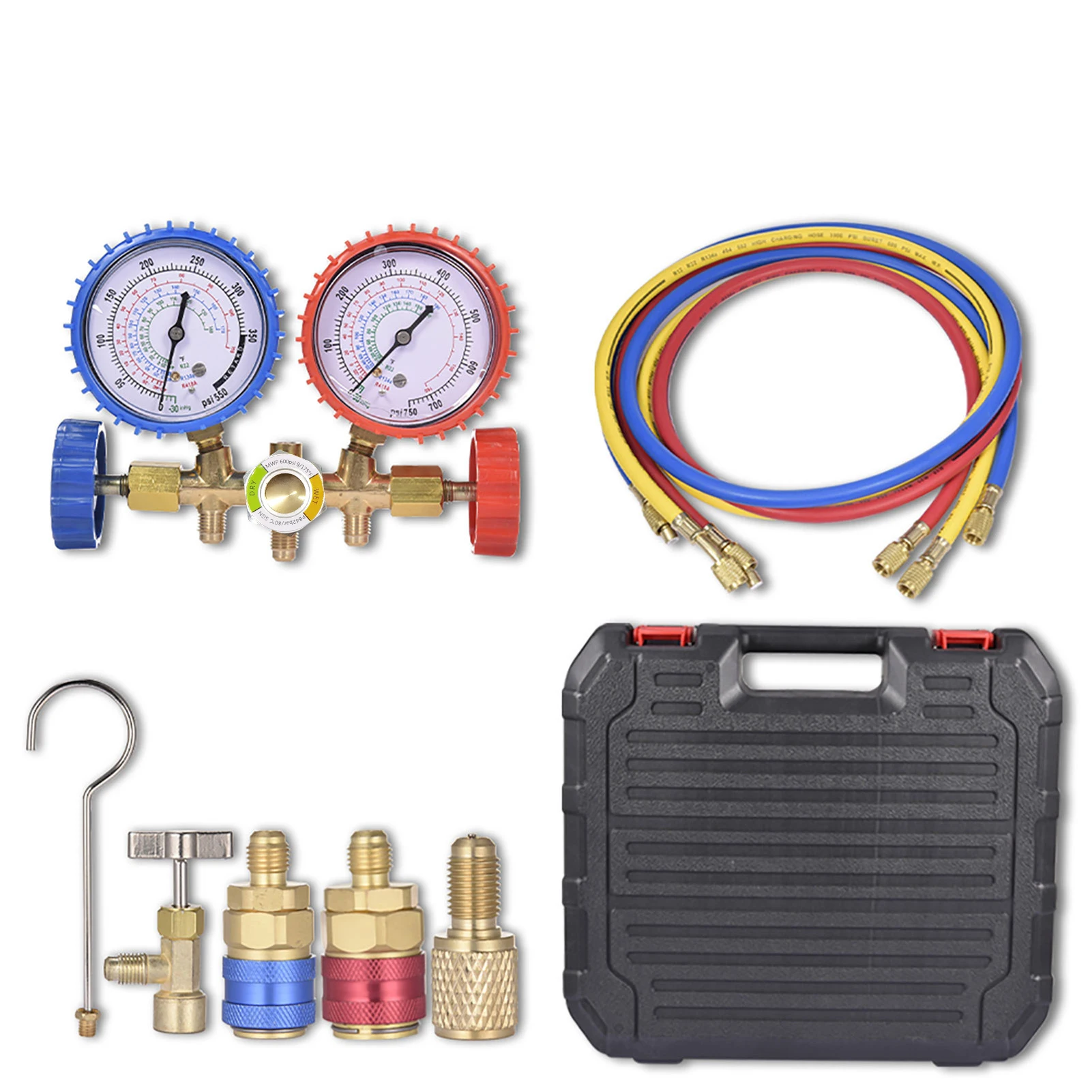 Conditioning Gauges R134A Manifold Gauge Set 3 Way Auto AC Gauges with Hoses, Adapters for R134A R12 R22 R502 Refrigerant