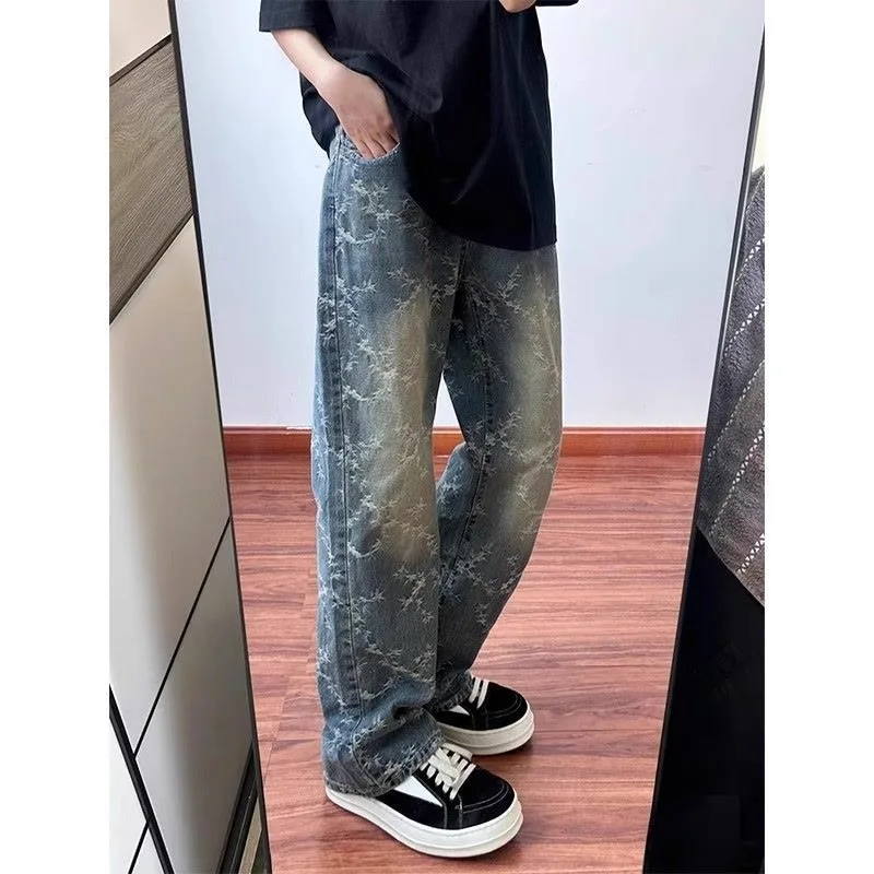 

Cleanfit Жаккардовые синие джинсы с полным принтом, мужские летние высококачественные прямые брюки, брюки American Vibe, модные универсальные брюки для мытья полов
