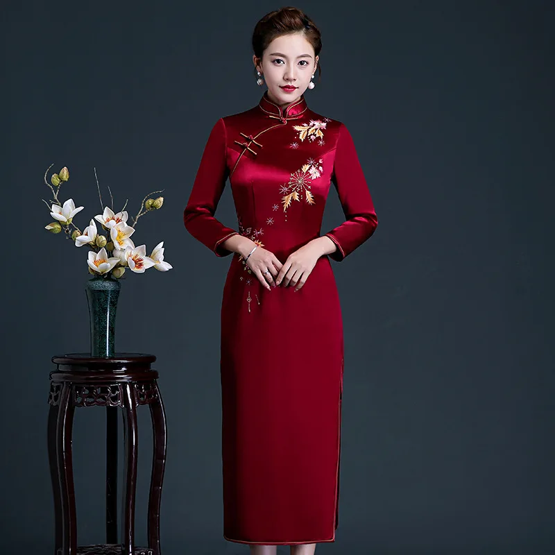 

Новое платье с вышивкой, утолщенное свадебное платье Cheongsam, длинное стильное осенне-зимнее улучшенное ацетатное платье