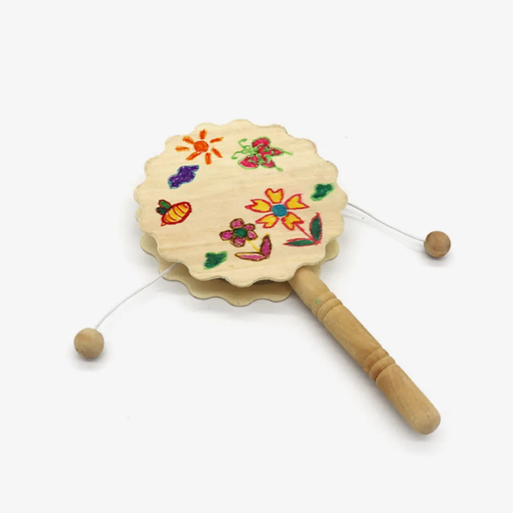 3Pcs Unpainted Wood Rattle-Drum DIY Craft Supplies Painting Plaything Kids -on Educational Decorative Ornament