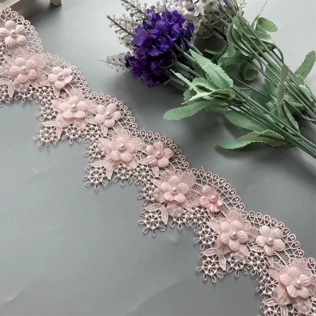 1 Yard Luxury Pink Lace Fabric Pearl Organza Tulle 3D Beads Flowers Embroidery Ribbon Trim Edge For DIY Sewing Neckline Decor