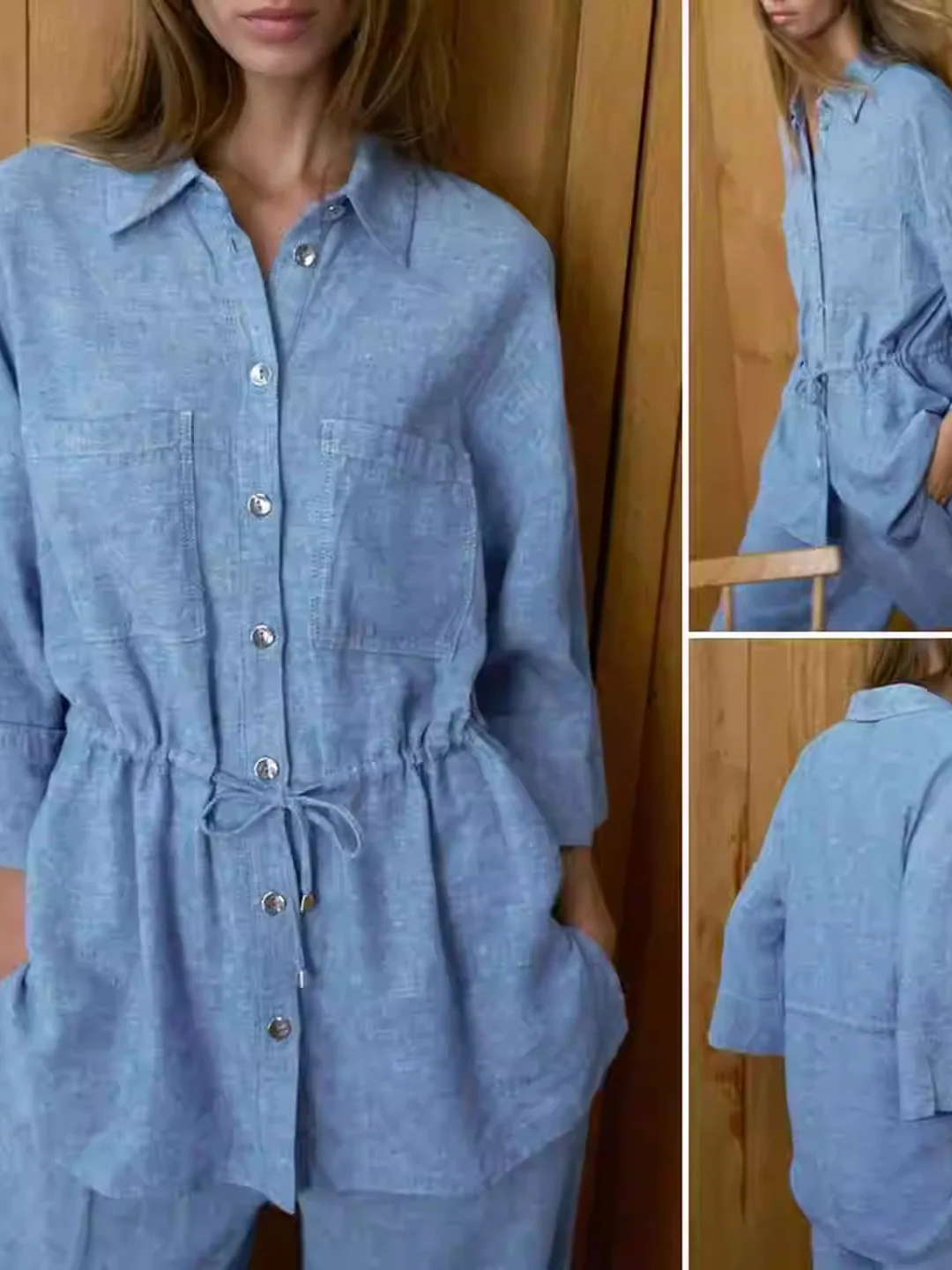 

Fashionable Linen Blend Huntwear Shirt Women's Summer 2026 Breathable Adjustable Waist Polyester Blend Five Sleeve Buttons
