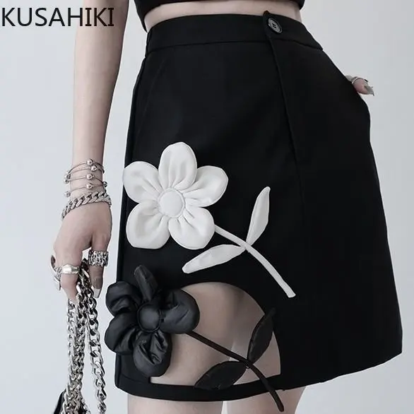 KUSAHIKI Fashion Flower Patchwork A-line Mini Skirts Womens Autumn Winter New Bottoms 2023 New Elegant High Waist Skirt Mujer