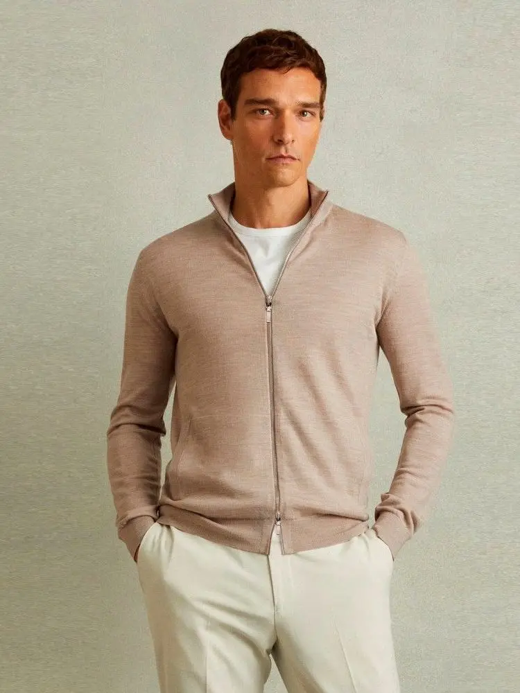 

Современный американский вязаный шерстяной кардиган на молнии в стиле пилот для мужчин, 6-игольная вязка, осень-зима, модный, высококачественный, приталенный крой