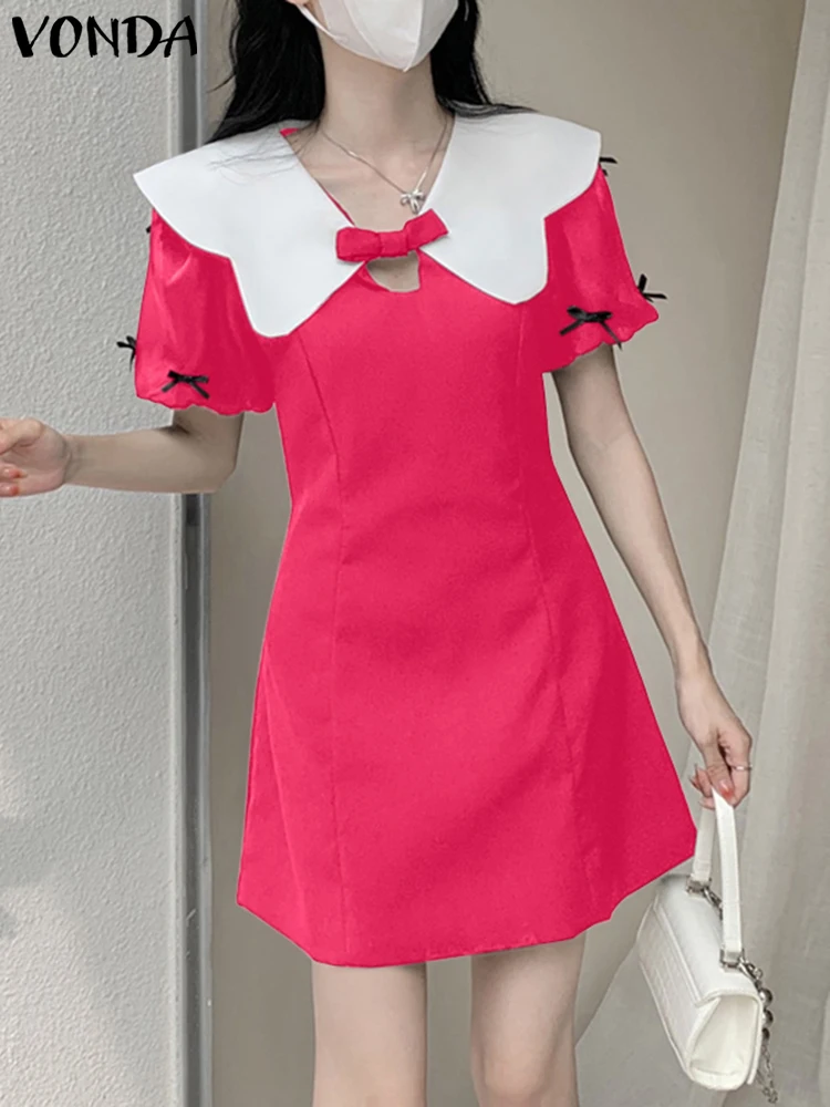 VONDA damska letnia sukienka jednokolorowa Sundress 2025 kobieta dorywczo kołnierzyk typu Peter-pan Vestidos luźna szata z krótkim rękawem A-Line
