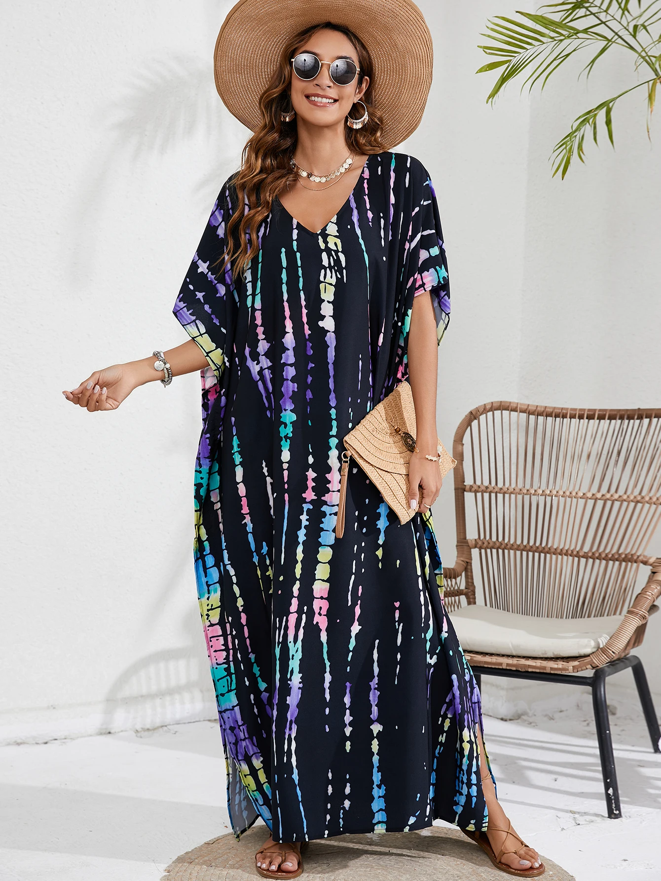 Damska sukienka z dekoltem w stylu Boho Plus Size Tie Dye z rękaw w kształcie skrzydła nietoperza dekoltem w szpic