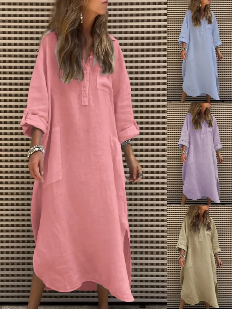 

Summer Woman Dress Elegant Women's Button Front Pullover Dresses Loose Fit Asymmetrical Hem Maxi Dress Linen Look Long Dress