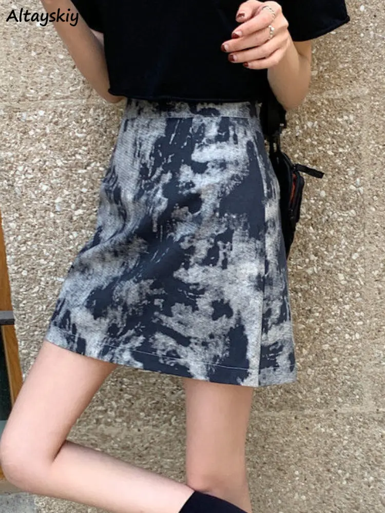 

Skirts for Women High Waist Tie Dye A-Line Summer Dark Blue Hotsweet Students All-match Ulzzang Mini Elegant Streetwear Leisure