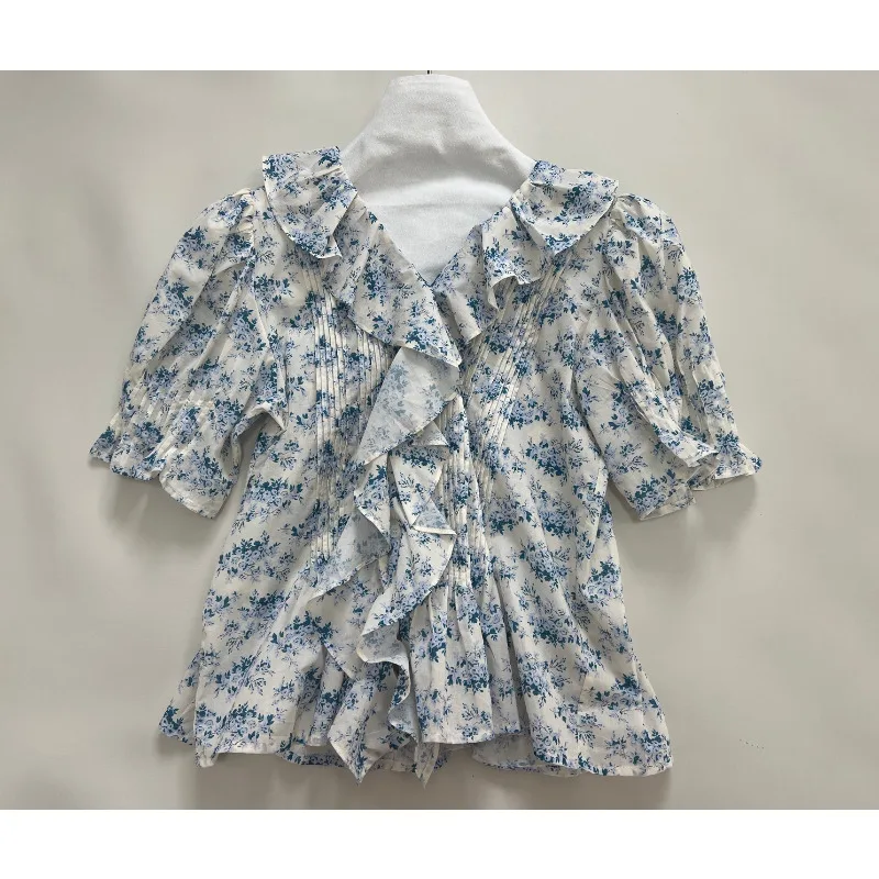 

Blue Floral Print Ruffles V Neck Short Lace Patchwork Sleeve Blouse Tops 2025