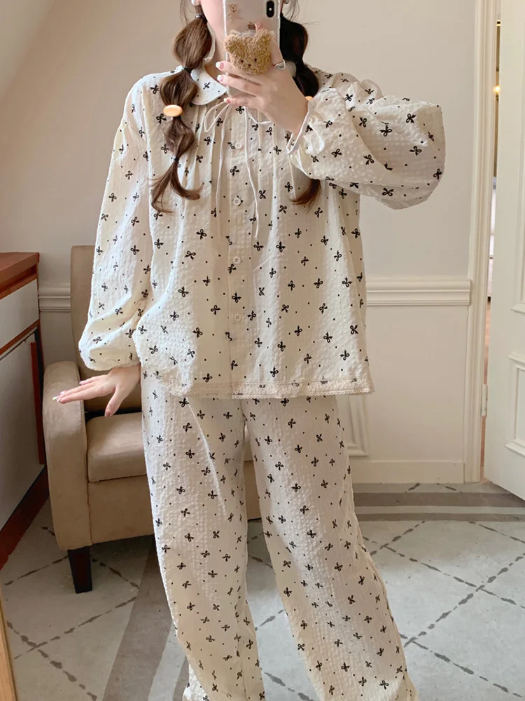 New Winter Cute Print Girlish Style Vintage Loose Long Sleeve Pajama Set Women Lace Elegant Casual  Comfortable Lazy Sleep Tops