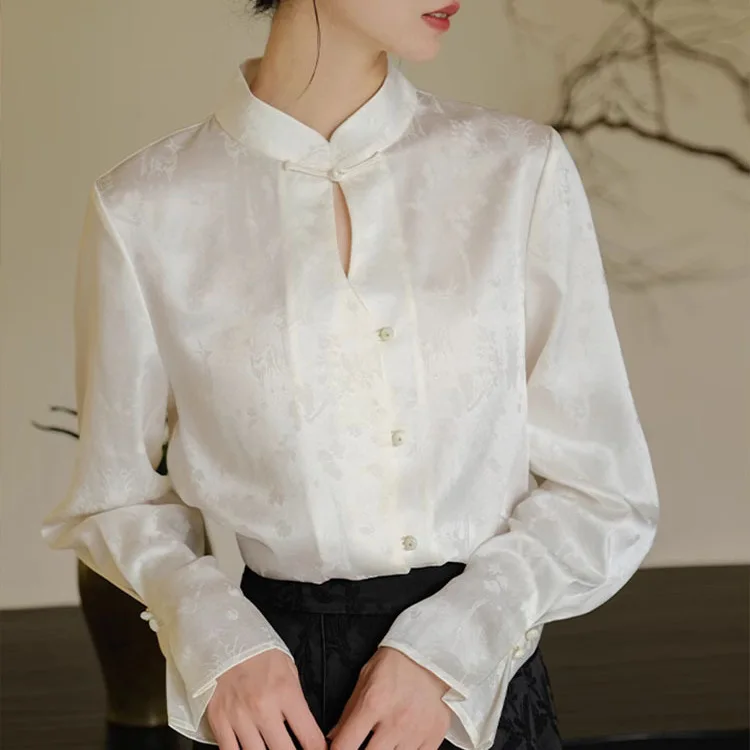 

2024 Product New Shirt Spring And Autumn Chinese Style Women's Acetic Acid Jacquard Improved Top