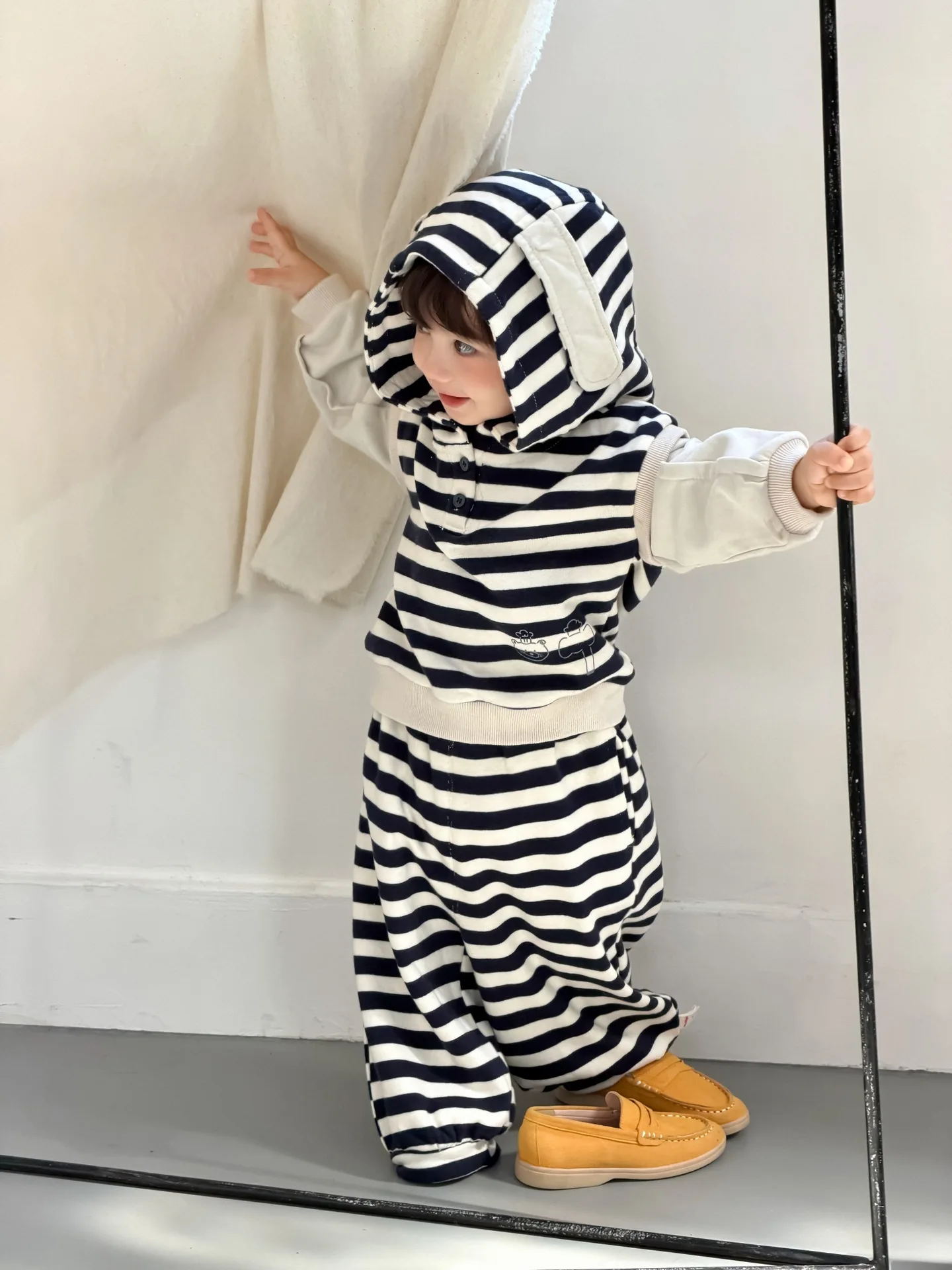 2026 Autumn New Baby Long Sleeve Clothes Set Boys Girls Hooded Sweatshirt + Casual Pants 2pcs Suit Toddler Loose Striped Outfits