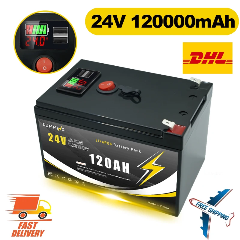 

24V 120Ah Lithium 5000+Cycles LiFeP04 Rechargeable Battery for Solar/Wind Power,Small UPS,Lighting,Power Wheels,Fish Finder