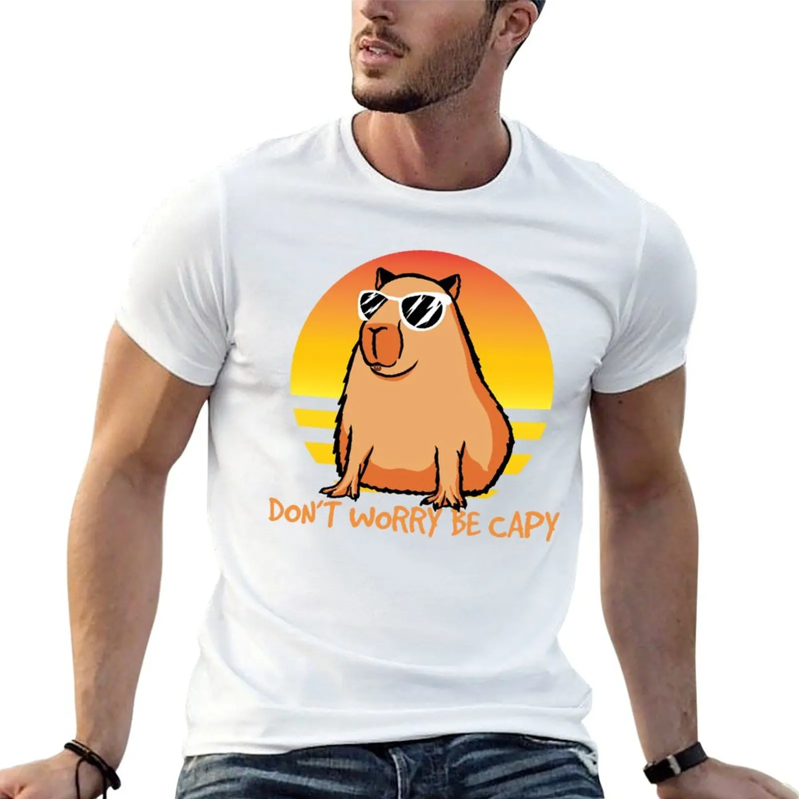 Don't Worry Be Capy Retro Sunset Capybara Quote Be Capy Gear T-Shirt Casual Streetwear Short Sleeve Tee