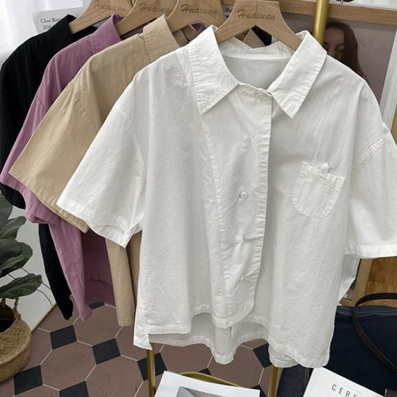 2024 New Summer Elegant Fashion High Waist Women's Shirt Korean Style Retro Loose Casual Short Sleeve Polo Neck Y2K Chic Tops