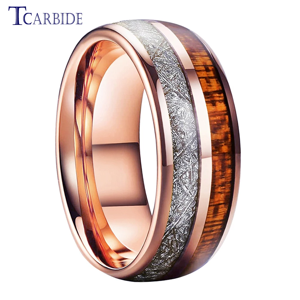 Tungsten Carbide Ring Men Women Wedding Band With Wood And Meteorite Inlay 8MM Domed Polished Comfort Fit