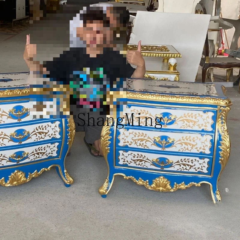 

FG solid wood carving flower hand painted bedside table luxury villa painted bedroom furniture matching locker