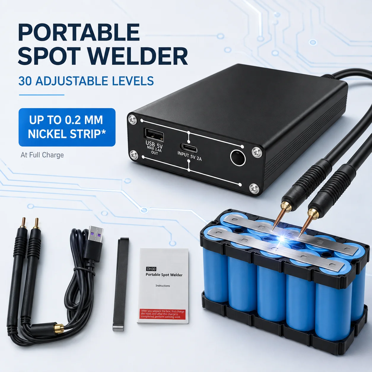 Portable 650A Battery Spot Welder With 30 Adjustable Levels, OLED Display, Type-C Charging And USB Power Bank Output For Repairs