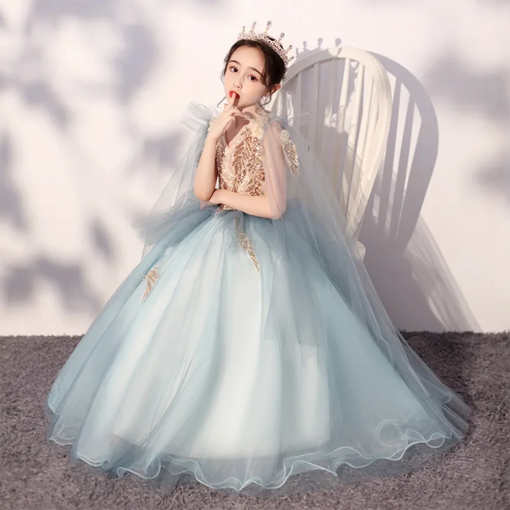 Walking Show Children's Dress Princess Dress High end Western Style Female 2024 New Blue Performance Dress Model Spring/Summer