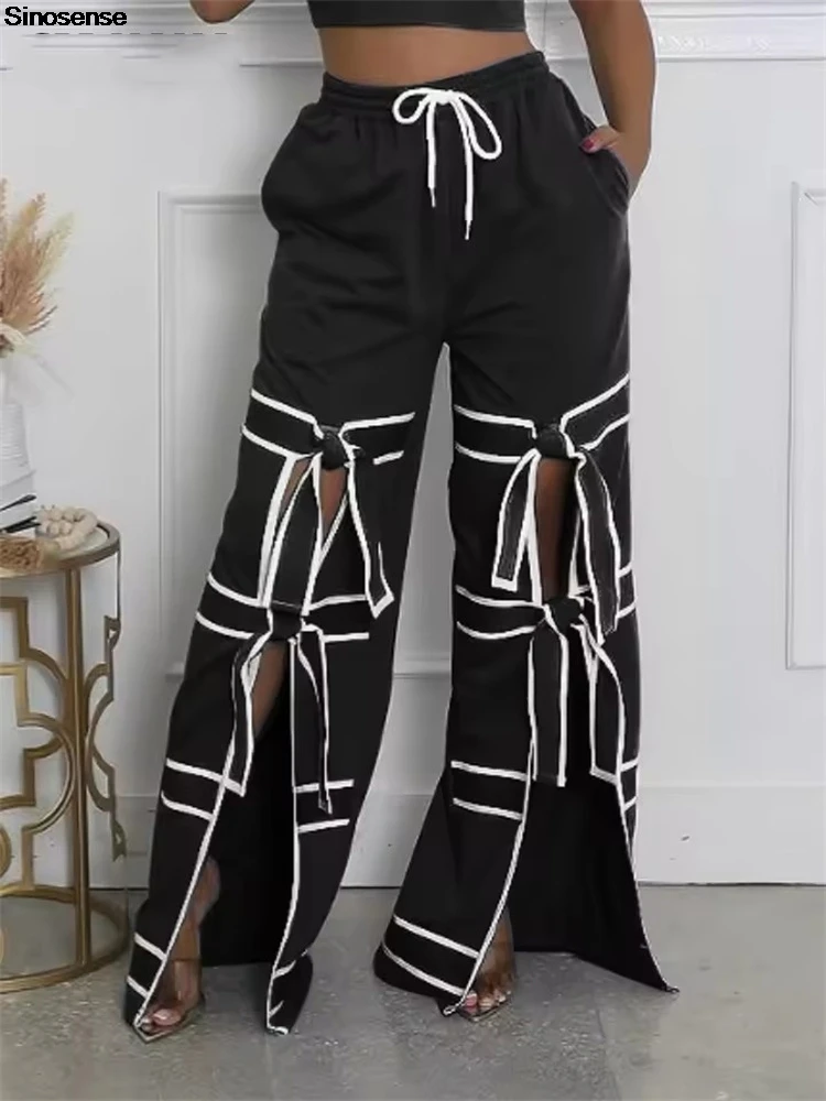 

Women Bowknot Split Wide Leg Pants Striped Patchwork Summer Active Sporty Classic Trouser Y2K Going Out Street Date Lounge Pants