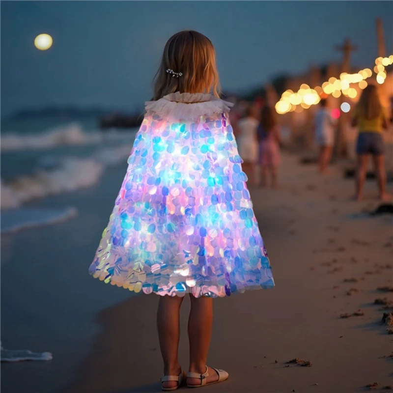 New Children LED Light Up Mermaid Cape Princess Girls Glow Sequins Cloak For Birthday Photography Photo Shooting Clothes