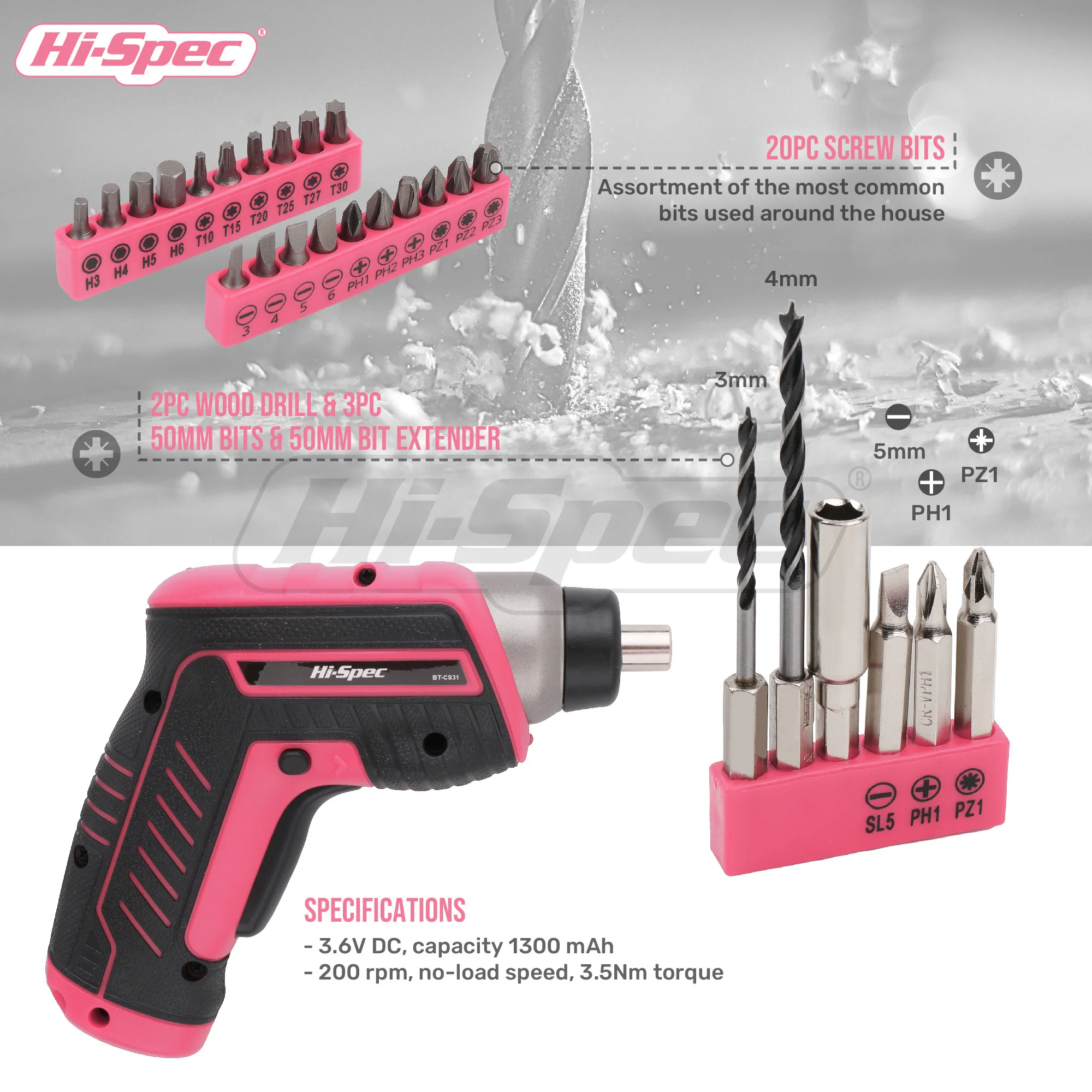 Hi-Spec Pink 3.6V Electric Screwdriver Rechargable Cordless Screwdriver Small Screw Gun USB Charge Powerful Electric Screwdriver