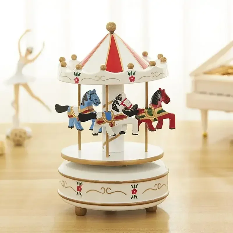 Xmas Gifts Carousel Music Box Vintage Christmas New Year Birthday Gift Wooden Music Box Rotating Horse Musical Boxes Home Decor