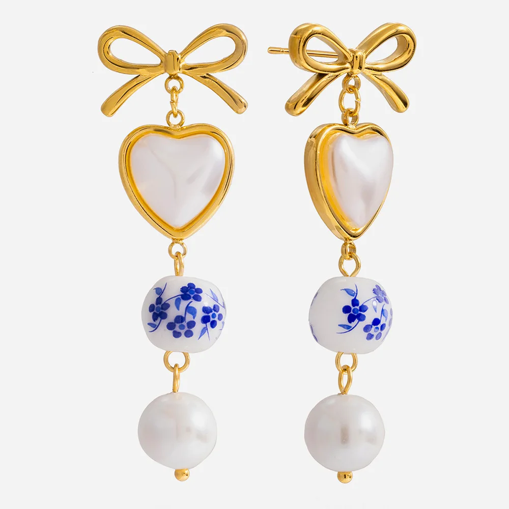 

Handmade Heart-shaped Porcelain Earrings for Women Bowknot Blue and White Imitation Pearl Drop Earrings Charm Jewelry Gifts