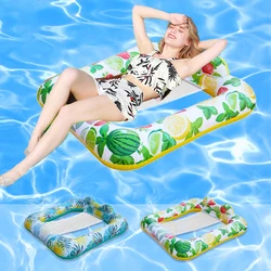 Cama flotante de agua inflable con red de sándwich para adultos, cama flotante plegable de cuatro tubos con patrón de frutas tropicales