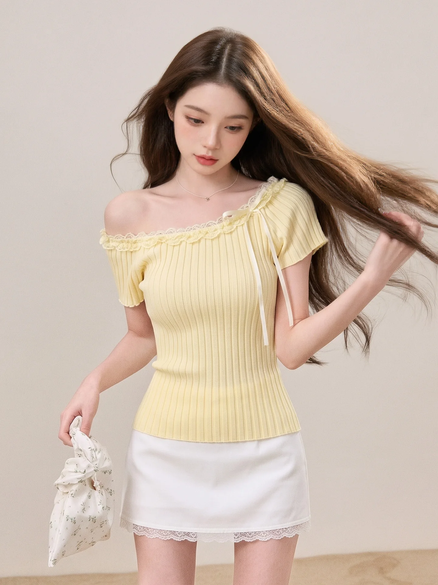 

Korean Style Lace Trim Short Sleeve Knitted Shirt Women's Summer New Pure Desirable Slim Fit Shoulder Casual Fashion Top