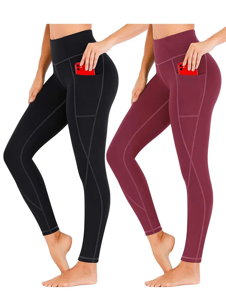 Collant push up Nuovi pantaloni da yoga Leggings da donna in poliestere per tasche fitness Vita alta Lunghi solidi neri per il controllo della pancia