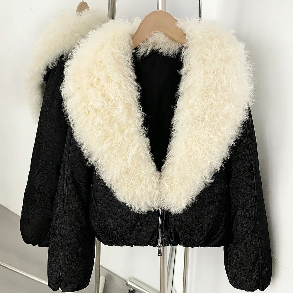 OFTBUY Shiny Zipper Duck Down Jacket Female Warm Outerwear Winter Real Lamb Fur Collar Coat Women Cropped Loose Puffer Coat
