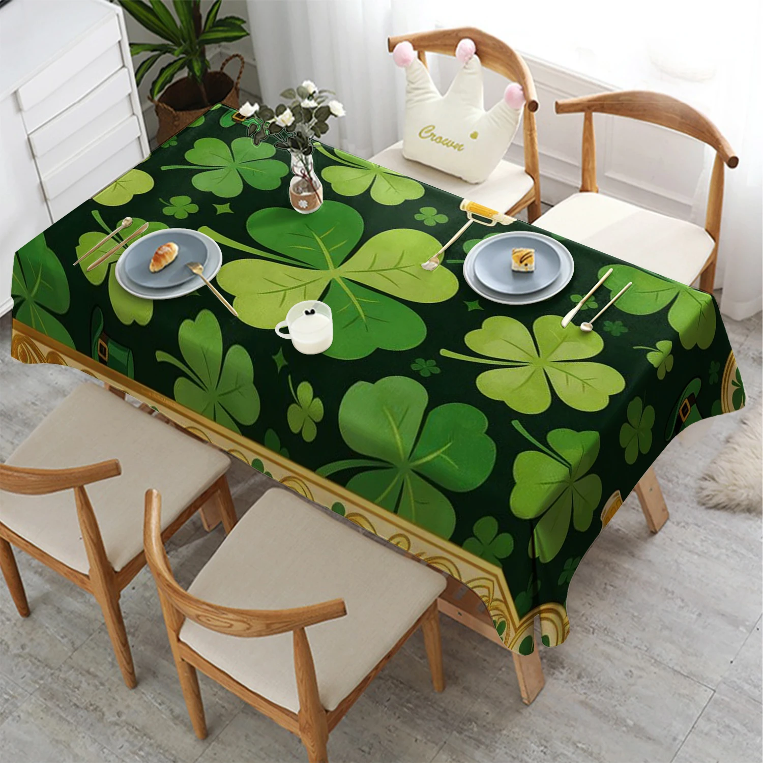 

2D скатерть Lucky с четырьмя листами клевера, ресторанная кухонная скатерть для гостиной, украшение для дома, прямоугольное украшение для вечеринки