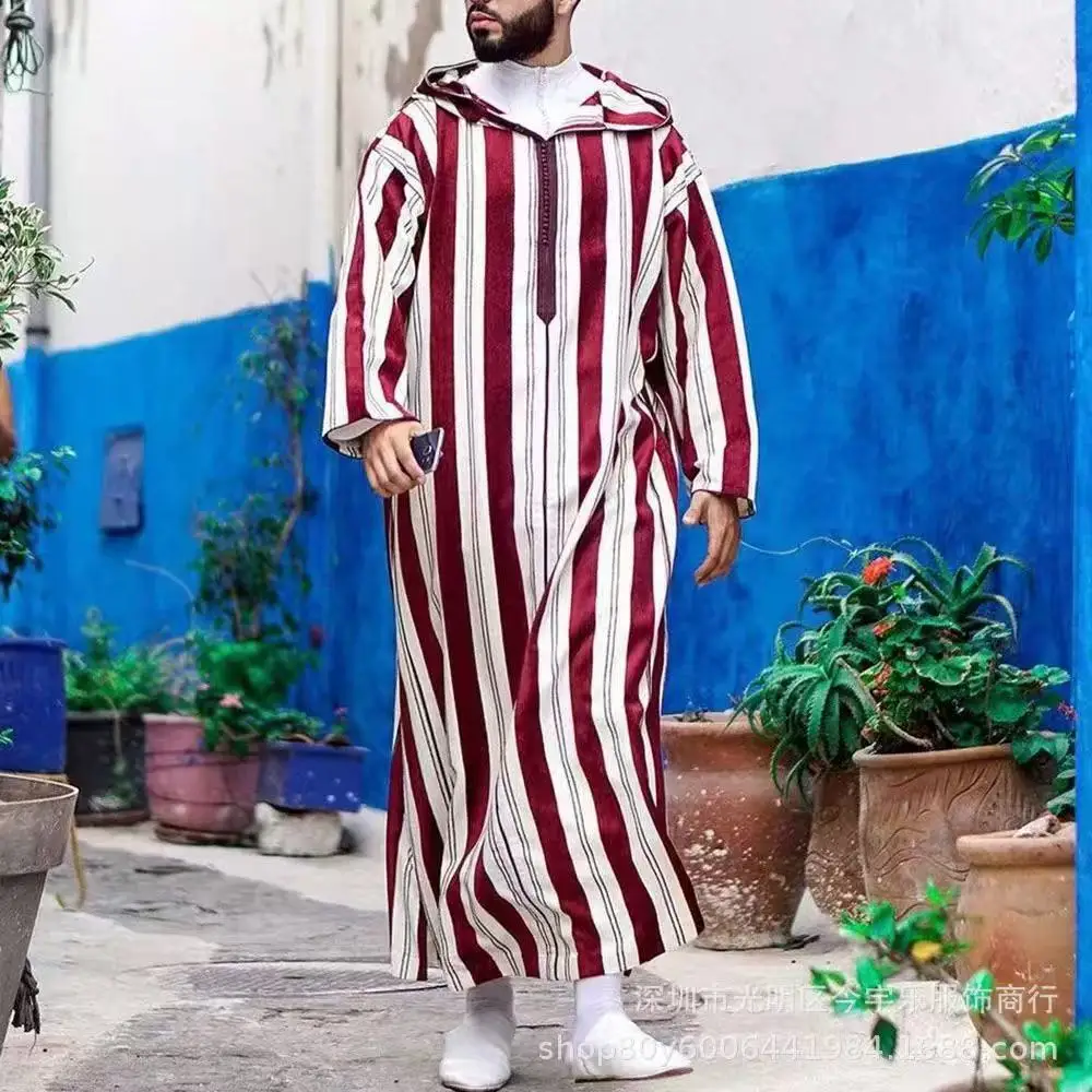 الرجال مسلم يوبا خريف جديد كولوربلوك مخطط طويل مسلم رداء هوديي الرغاء عمان جوبا Lelaki Lengan Panjang