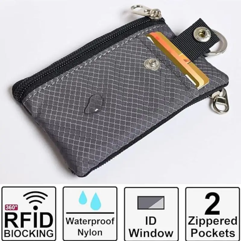 Dompet Zip Kecil Tempat Kartu ID Anti-Maling Tahan Air dengan Tali Gantungan untuk Pria dan Wanita, Dompet Perjalanan dengan Gantungan Kunci