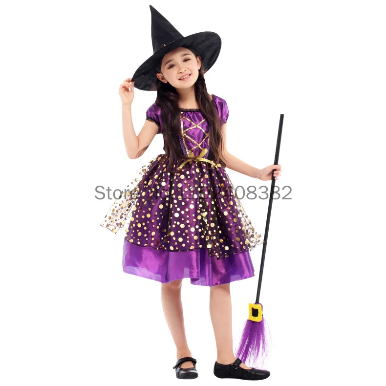 Halloween Witch Costume Children Cosplay Vampire Princess Witch Set Dresses Kids Dress Up Clothes with Hat Carnival Party Gift